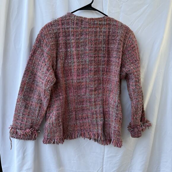 E.C.C. Ecuadorian Handmade Wool Cotton Fringe Jacket Pink Textured Tweed Size L - Picture 4 of 4